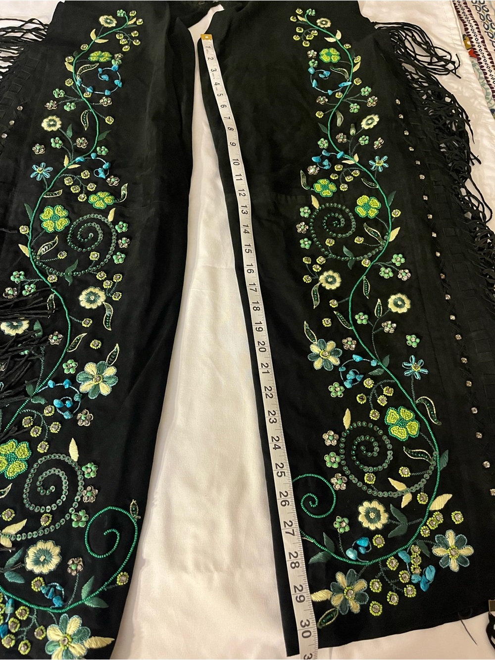 RARE Double D Leather Fringe Chaps with Intricate Beads & Sequin Floral Design - Picture 2 of 16
